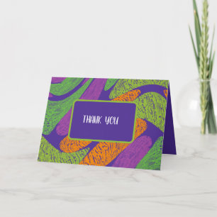 Retro Bat Mitzvah Purple and Green Thank You Card