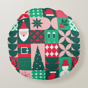 Retro Bauhaus Christmas Patchwork Red Green Round Pillow