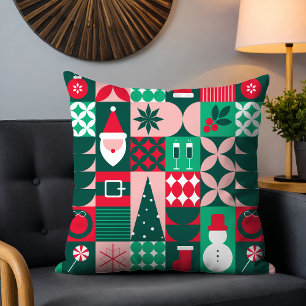 Retro Bauhaus Christmas Patchwork Red Green Throw Pillow