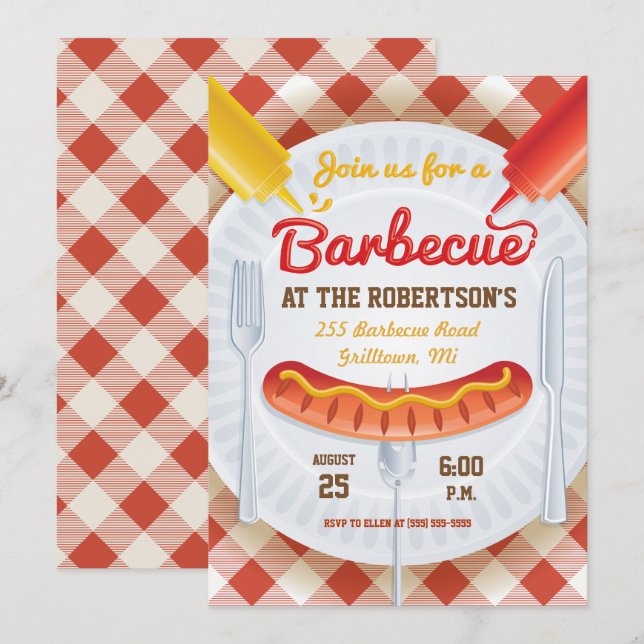 Retro BBQ Party Invitation on Gingham (Front/Back)