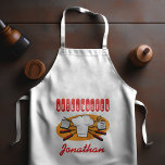 Retro BBQ Tools Chef's Hat Orange Red Long Apron<br><div class="desc">A retro style apron for the guy who knows his way around a barbecue grill. The design features an illustration of red-handled BBQ tools and a chef's hat on an orange background. The word "Grillmaster" appears above in a decorative red retro typeface. Customize with the chef's name below in red...</div>