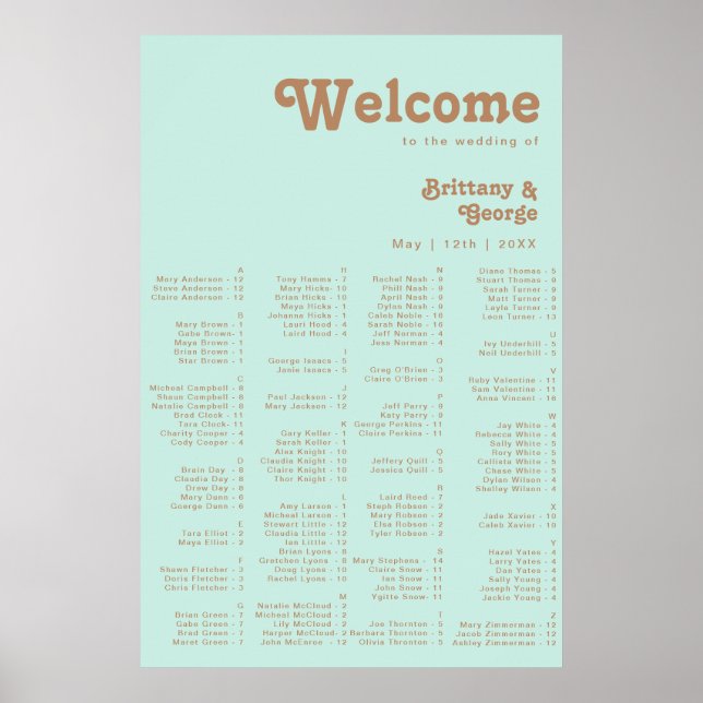 Retro Beach | Aqua Alphabetical Seating Poster (Front)