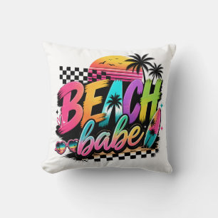 Retro Beach Babe Quote Tropical Vibes Colourful Throw Pillow