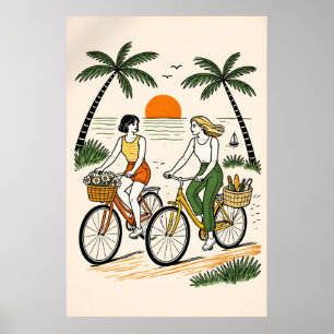 Retro Beach Bike Couple Poster, Summer Coastal Poster
