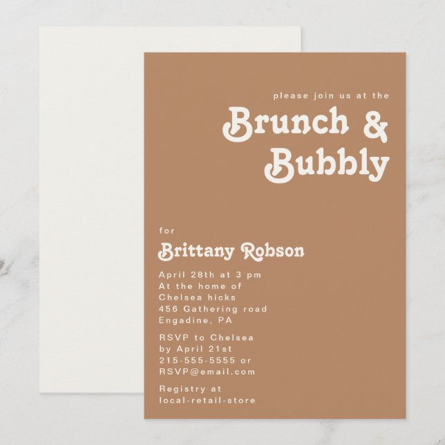 Retro Beach | Brown Brunch and Bubbly Invitation (Front/Back)
