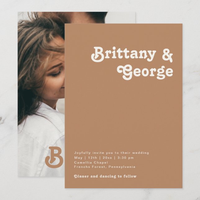 Retro Beach | Brown Casual Photo Monogram Invitation (Front/Back)