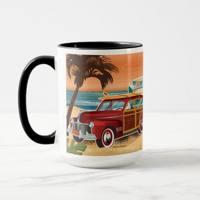 Retro Beach Camper + Classic Car Mug (Left)