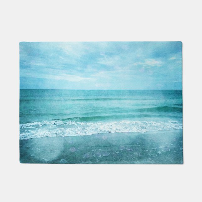 Retro Beach - Coastal Ocean Teal Blue Watercolor Doormat (Front)