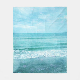 Retro Beach - Coastal Ocean Teal Blue Watercolor Fleece Blanket