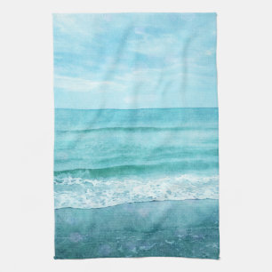 Retro Beach - Coastal Ocean Teal Blue Watercolor Kitchen Towel