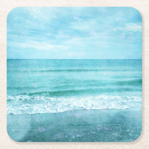 Retro Beach - Coastal Ocean Teal Blue Watercolor Square Paper Coaster