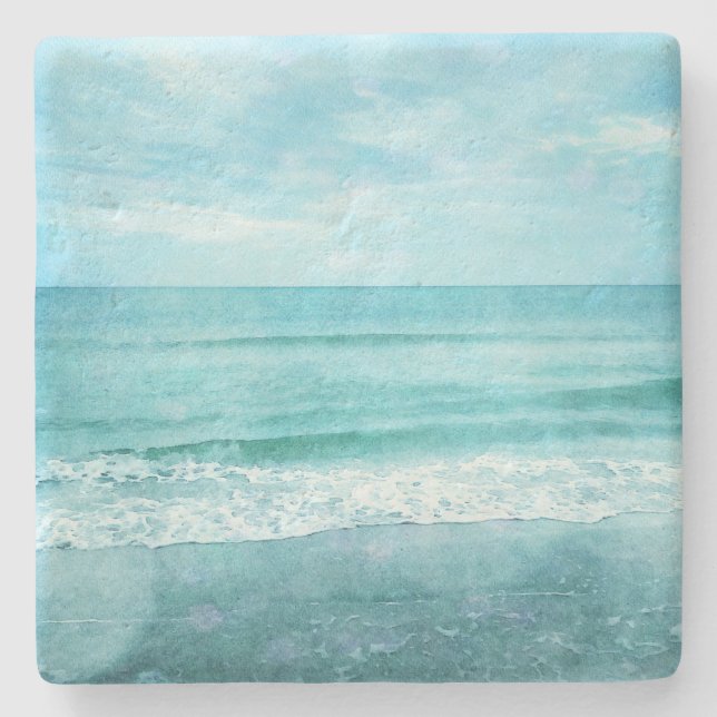 Retro Beach - Coastal Ocean Teal Blue Watercolor Stone Coaster (Front)
