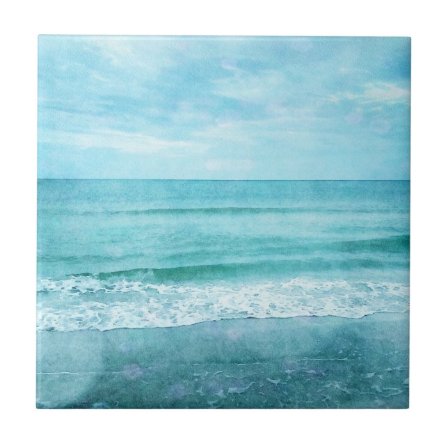 Retro Beach - Coastal Ocean Teal Blue Watercolor Tile (Front)