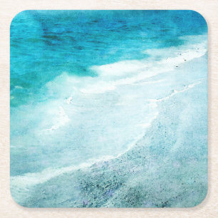 Retro Beach - Coastal Teal Blue Ocean Watercolor Square Paper Coaster