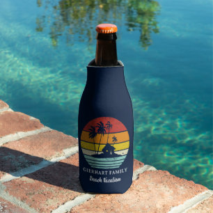 Retro Beach Family Coastal Vacation Script Bottle Cooler