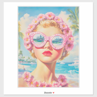 Retro Beach Girl with Floral Sunglasses