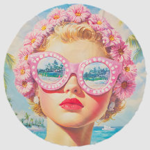 Retro Beach Girl with Floral Sunglasses