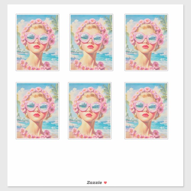 Retro Beach Girl with Floral Sunglasses (Sheet)