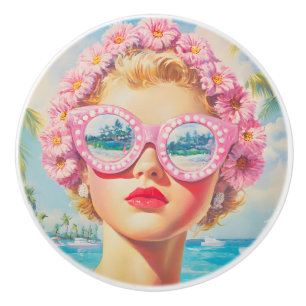 Retro Beach Girl with Floral Sunglasses Ceramic Knob