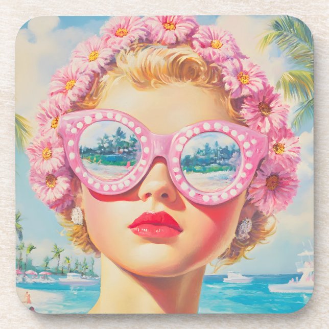 Retro Beach Girl with Floral Sunglasses Coaster (Front)