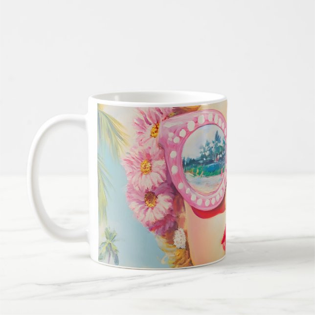 Retro Beach Girl with Floral Sunglasses Coffee Mug (Left)