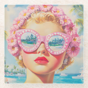 Retro Beach Girl with Floral Sunglasses Glass Coaster