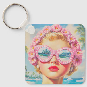 Retro Beach Girl with Floral Sunglasses Keychain