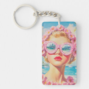Retro Beach Girl with Floral Sunglasses Keychain