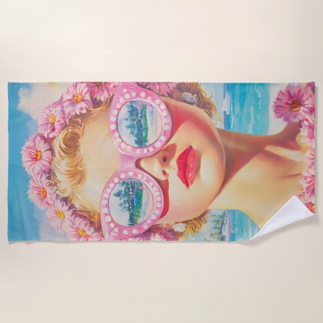 Retro Beach Girl with Floral Sunglasses Towel (Front)