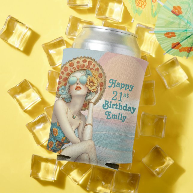 Retro Beach Glam Stylish 21st Birthday Can Cooler (In Situ Summer)