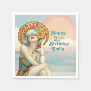 Retro Beach Glam Stylish 21st Birthday Napkin