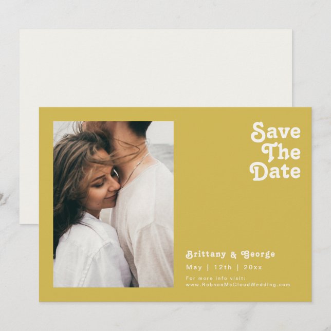 Retro Beach | Gold Photo Horizontal Save The Date (Front/Back)