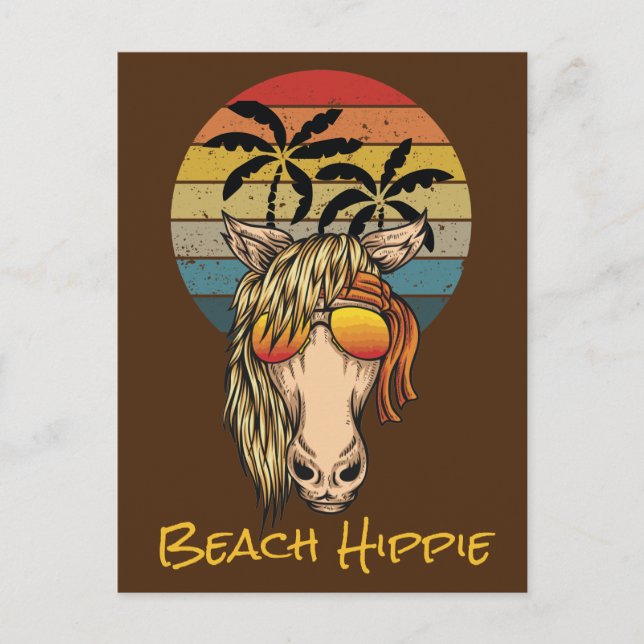 Retro Beach Hippie Horse, Setting Sun n Palm Trees Postcard (Front)