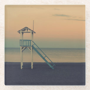 Retro Beach Lifeguard Tower Sunset Glass Coaster