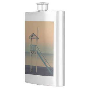 Retro Beach Lifeguard Tower Sunset Hip Flask