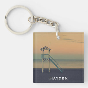 Retro Beach Lifeguard Tower Sunset Personalised Keychain