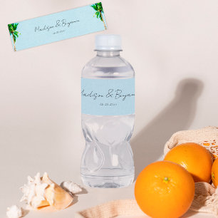 Retro Beach Palm Trees Personalized Wedding Water Bottle Label