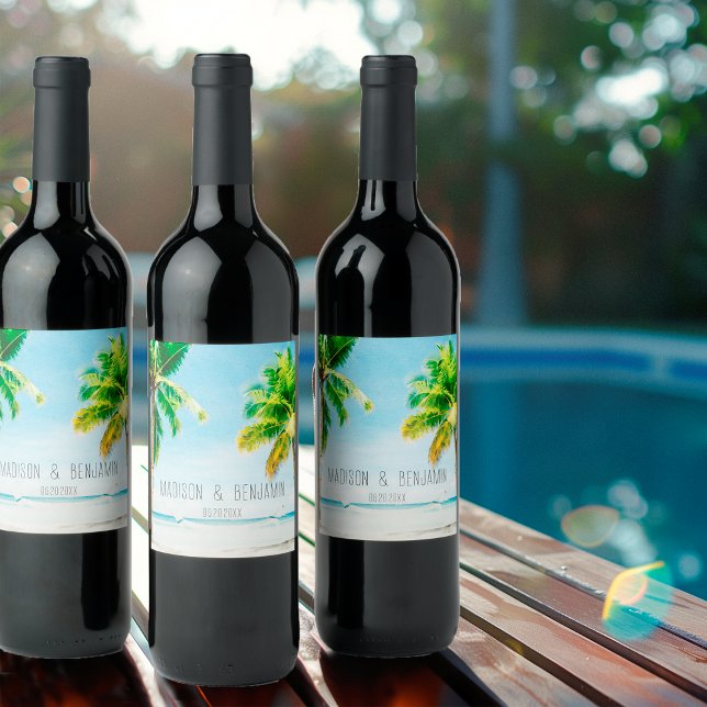 Retro Beach Palm Trees Personalized Wedding Wine Label (Creator Uploaded)