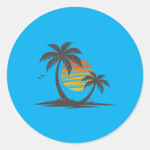 Retro Beach Palm Trees Sunset Funny Holiday Summer Classic Round Sticker