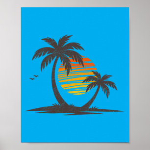 Retro Beach Palm Trees Sunset Funny Holiday Summer Poster