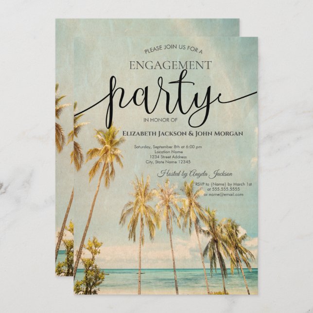 Retro Beach Palms Engagement   Invitation (Front/Back)