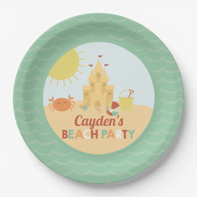 Retro Beach Party Summer Sand castle Birthday Paper Plate (Front)