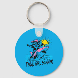 Retro Beach Raccoon Feral Girl Summer Vacation Keychain