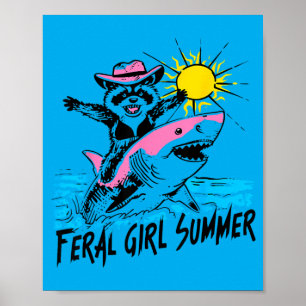 Retro Beach Raccoon Feral Girl Summer Vacation Poster