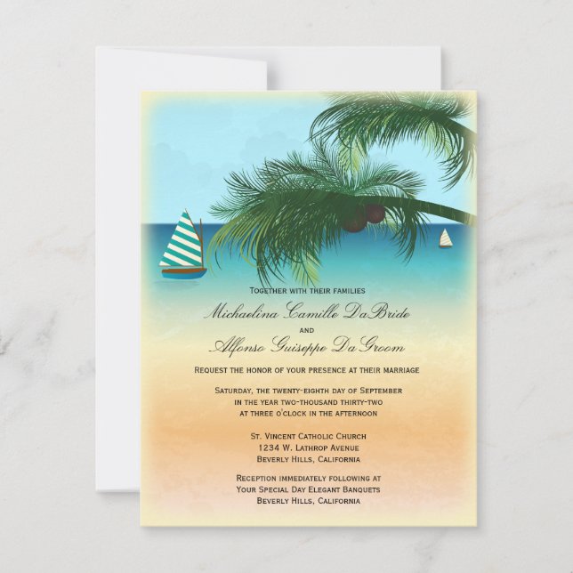 Retro Beach Scène Mariage formel Invitation (Devant)