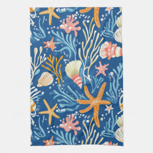 Retro Beach Seashell Orange Pink Yellow Blue Kitchen Towel