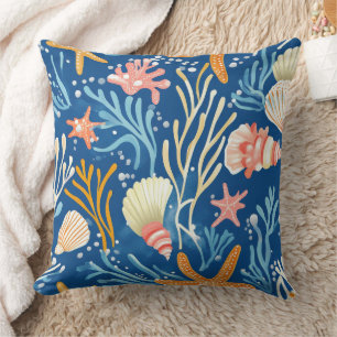 Retro Beach Seashell Orange Pink Yellow Blue Throw Pillow