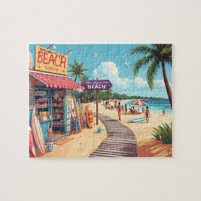 Retro Beach Shop & Boardwalk Vacation Scene Jigsaw Puzzle (Horizontal)