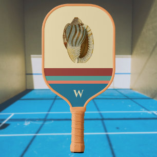 Retro Beach Stripes Sea Shell and Monogram Initial Pickleball Paddle
