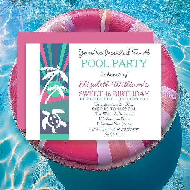 Retro Beach Sunset Sweet 16 Birthday Pool Party Invitation (Pink Retro Beach Sunset Sweet 16 Birthday Pool Party Invitation - Print | Digital Download)